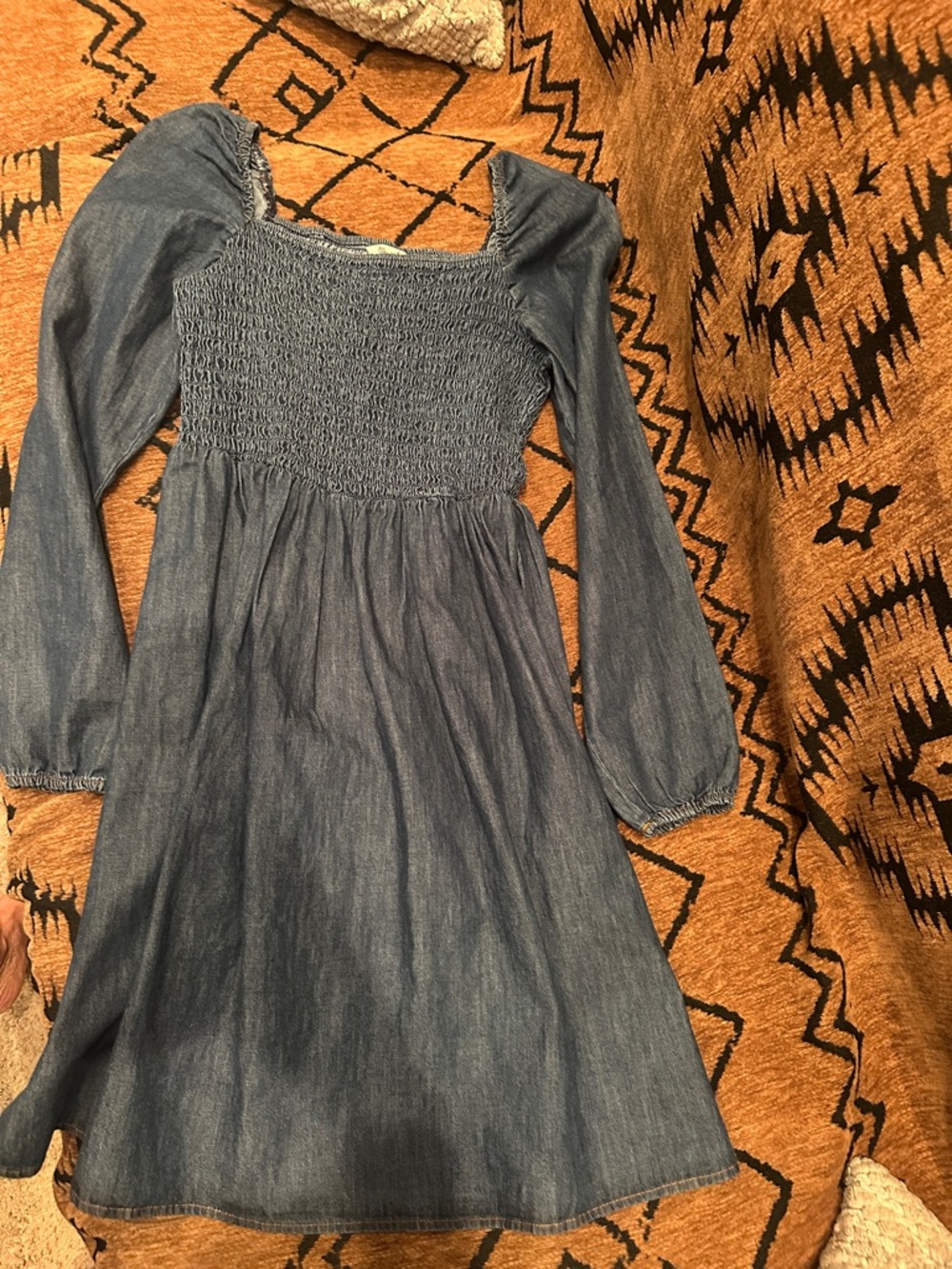 Smocked Denim-Style Midi Dress in Dark Blue